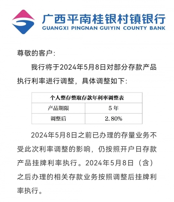 8日，广西平南桂银村镇银行发布公告宣布将5年期官方挂牌利率下调到2.8%。