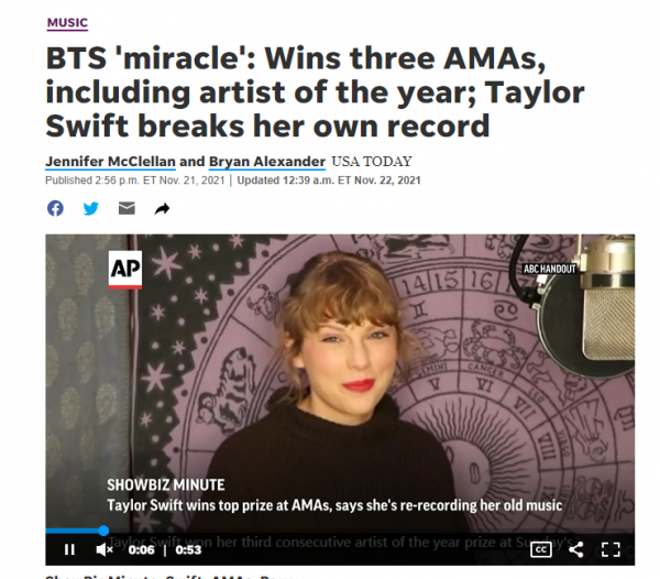 BTS在美国音乐奖获三项AMAs大奖！TaylorSwift打破自己纪录