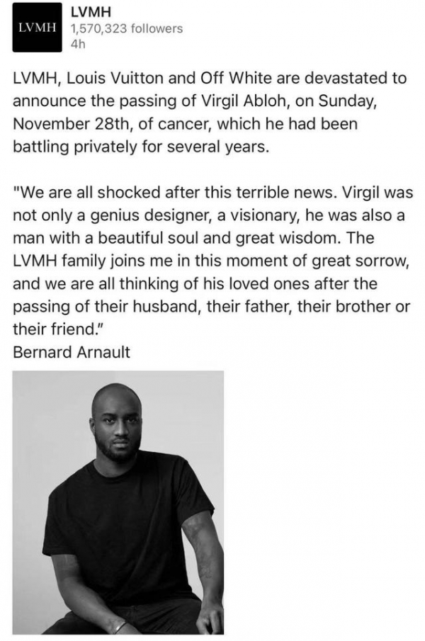 LV男装创意总监Virgil Abloh因癌症去世，享年41岁