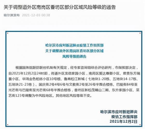 昨日黑龙江哈尔滨 新增本土确诊10例 哈尔滨疫情12月3日最新消息数据 新增多个中风险地区