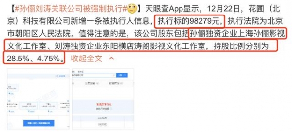 刘涛孙俪关联公司被强制执行98279元，孙俪是第二大股东