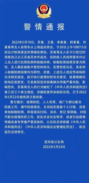 五人自驾从上海返西安核酸均阳性 谎报行程被立案侦查