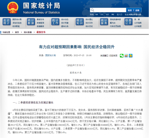 中国二季度GDP同比增长0.4%
