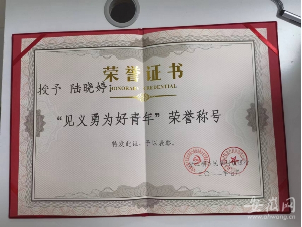 桐乡两名银行职员徒手接住6楼坠楼女童，二人被授予见义勇为证书