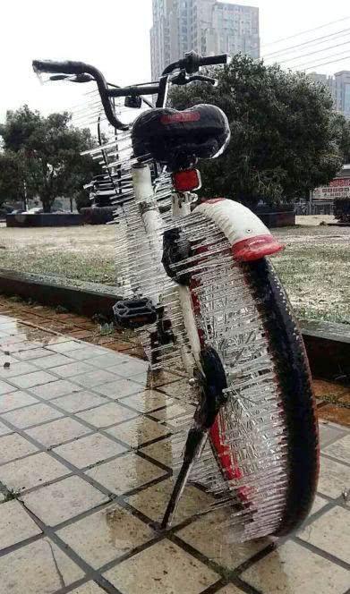 搞笑图：把自行车都冻得不行了 这还能开吗？