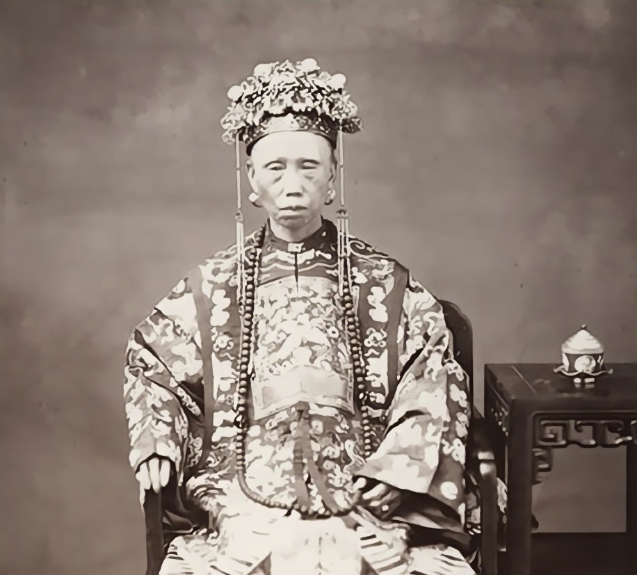 夫人穿着锦衣华服,锦缎袄裙讲究精美,乃是晚清时期朝廷命妇常见的礼服