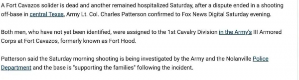 来源：福克斯新闻。https://www.foxnews.com/us/texas-soldier-dead-hospitalized-off-base-altercation-shooting
