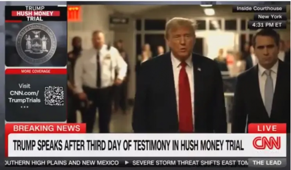 据CNN报道，当地时间25日下午，特朗普在庭审结束后接受媒体采访