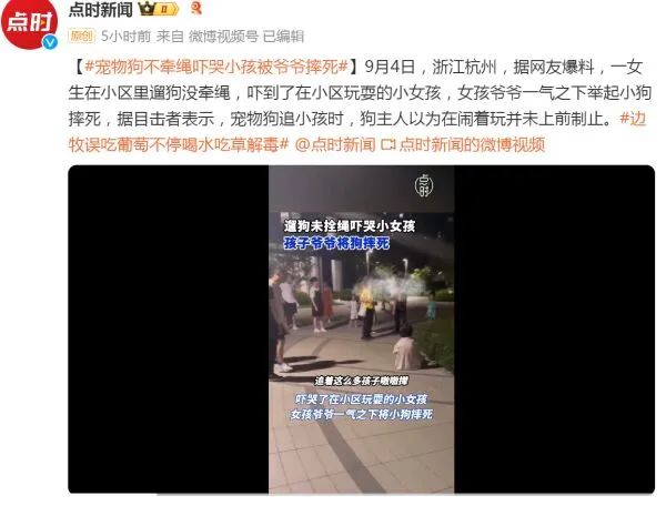 未拴绳宠物狗吓哭女孩，爷爷当场将狗摔死，官方通报→