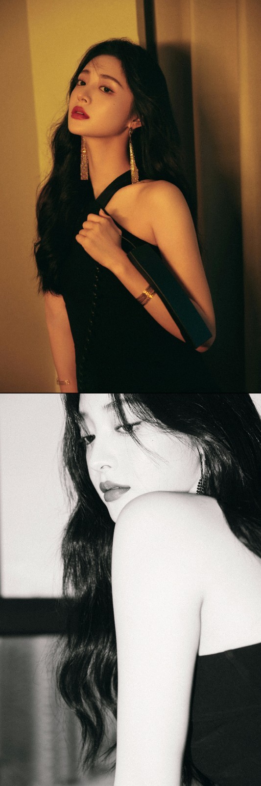 周洁琼穿黑色挂脖裙好惊艳 涂红唇欧美感强