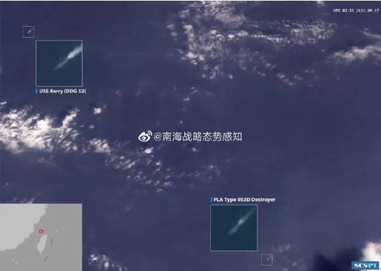 中国驱逐舰，就横在美舰和台湾岛之间！