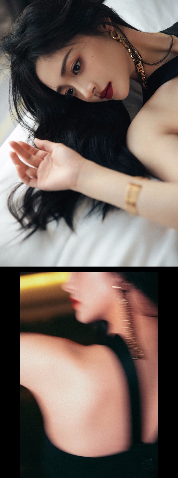 周洁琼穿黑色挂脖裙好惊艳 涂红唇欧美感强