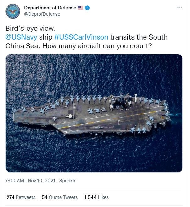 太嚣张了！美国防部发了一张航母在南海的炫耀帖
