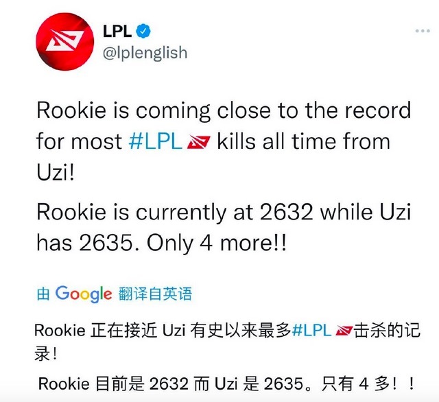 Rookie生涯击杀与LPL历史第一击杀的Uzi仅差4个