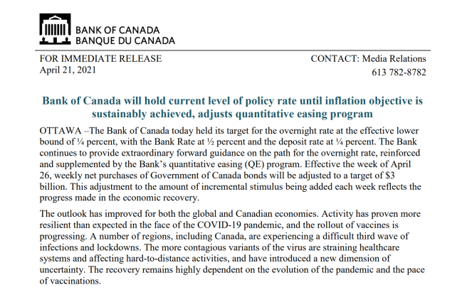 加拿大央行提前加息指引至2022年 缩减债券购买计划