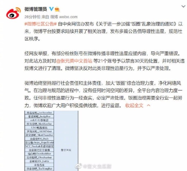 21家韩娱粉丝后援会被禁言 加强饭圈乱象治理