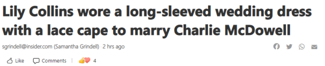 莉莉·柯林斯宣布已结婚 林间私人婚礼浪漫唯美