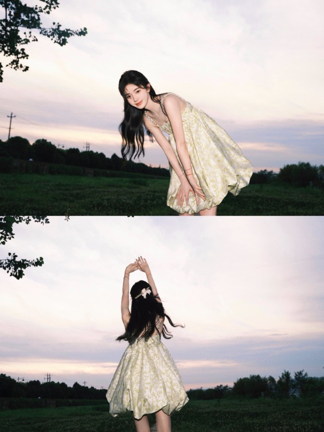 鞠婧祎青草味夏日写真 穿吊带裙露白嫩肌肤