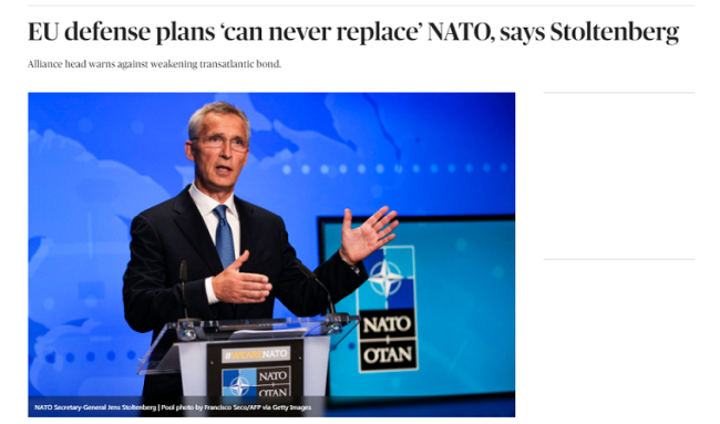 北约秘书长：欧盟建立军队计划“不能取代北约”