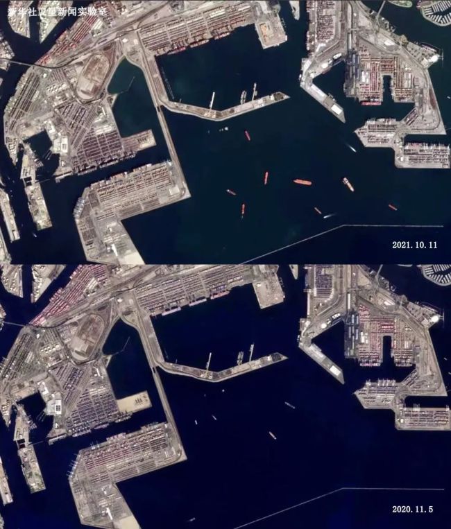 洛杉矶港-长滩港卫星图片。可见同去年相比，今年港外停留船只明显增多。（卫星数据：长光卫星技术有限公司）