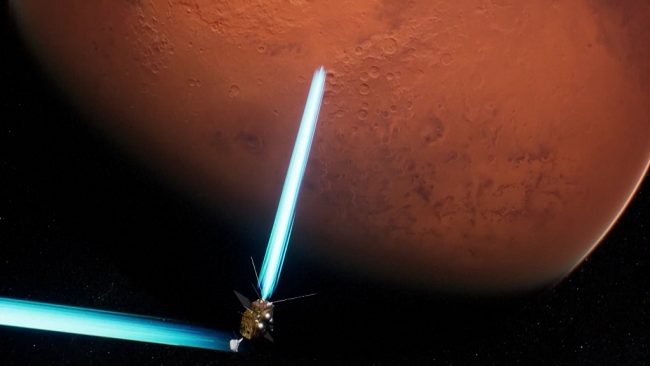 动画显示“天问一号”在火星轨道上运行，扫描火星表面。（视频截图）