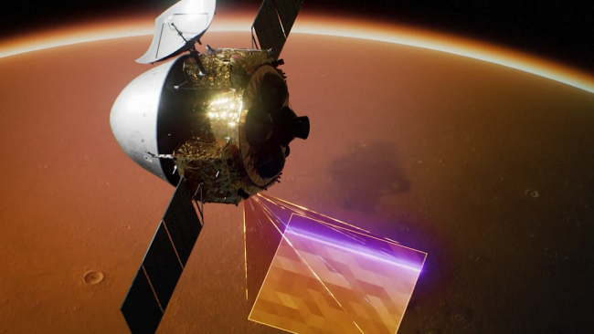 动画显示“天问一号”在火星轨道上运行，扫描火星表面。（视频截图）