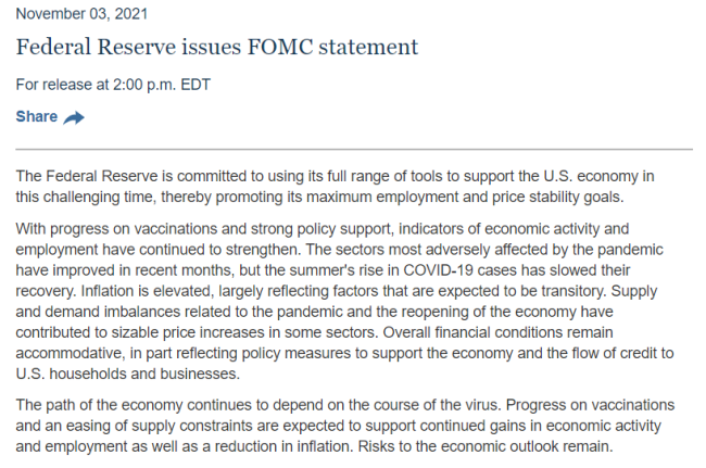 美联储FOMC决议：Taper正式开始 每月减少150亿美元