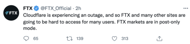 Cloudflare云服务一度故障，波及全球多家加密货币交易所