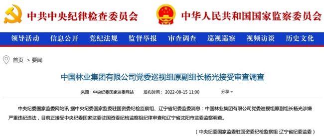 中国林业集团有限公司党委巡视组原副组长杨光接受审查调查