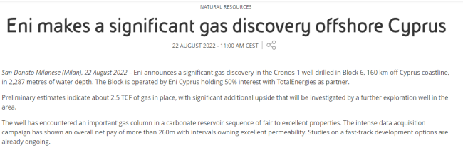 储量708亿立方米！意大利于塞浦路斯海域发现大型天然气田