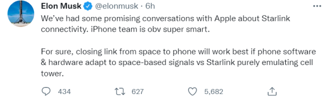SpaceX与苹果强强联手？马斯克：已就星链与iPhone合作进行了讨论