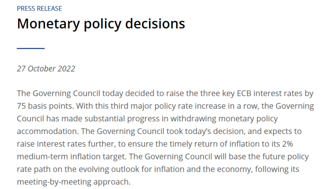 欧洲央行再次大幅加息75个基点 遏制通胀效果寥寥衰退风险却急剧上升